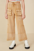 GY7814 Taupe Girls Washed Cargo Pocket Detail Wide Leg Knit Pants Front