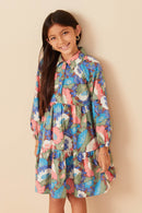 Girls Abstract Floral Button Down Collared Long Sleeve Dress Pose