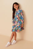 Girls Abstract Floral Button Down Collared Long Sleeve Dress Full Body