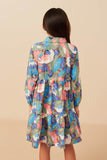 Girls Abstract Floral Button Down Collared Long Sleeve Dress Back