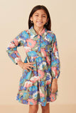 Girls Abstract Floral Button Down Collared Long Sleeve Dress Front