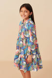 Girls Abstract Floral Button Down Collared Long Sleeve Dress Side
