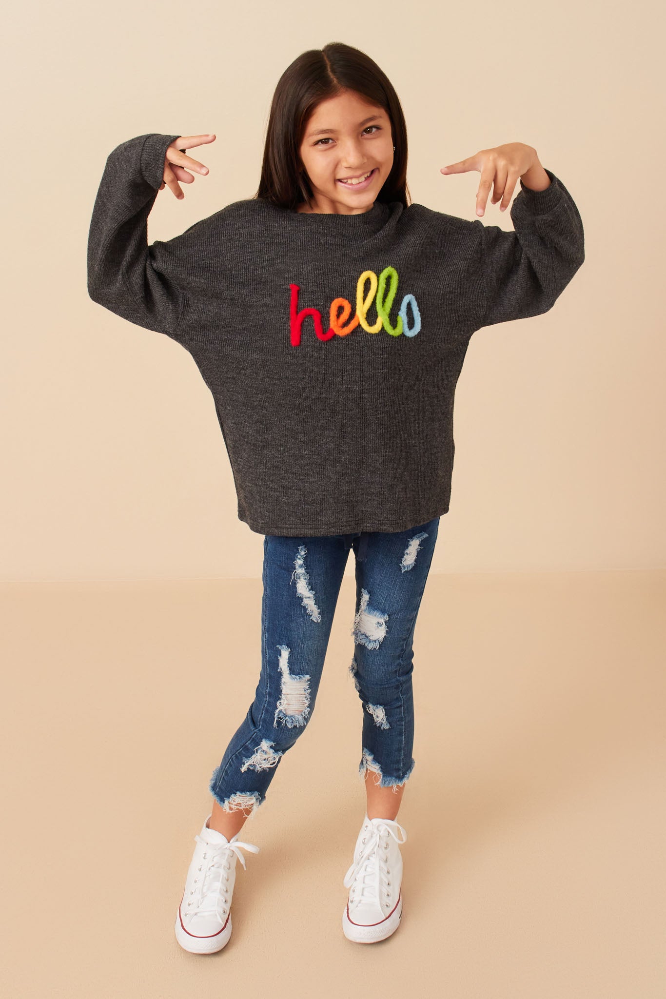 Hand Embroidered Pop Up Hello Verbiage Ribbed Knit Top
