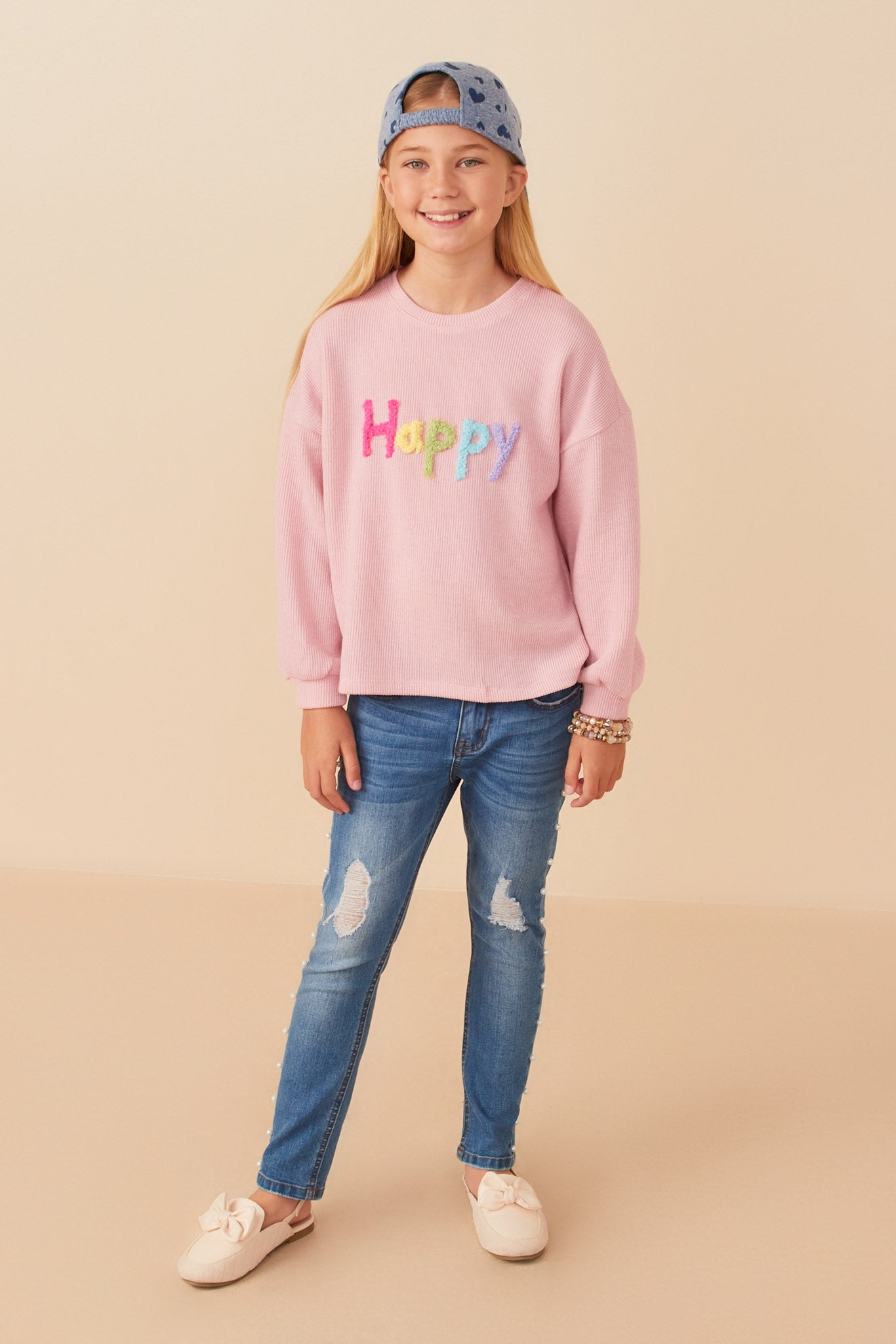 Hand Embroidered Pop Up Happy Verbiage Ribbed Knit Top