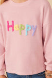 Girls Hand Embroidered Pop Up Happy Verbiage Ribbed Knit Top Detail