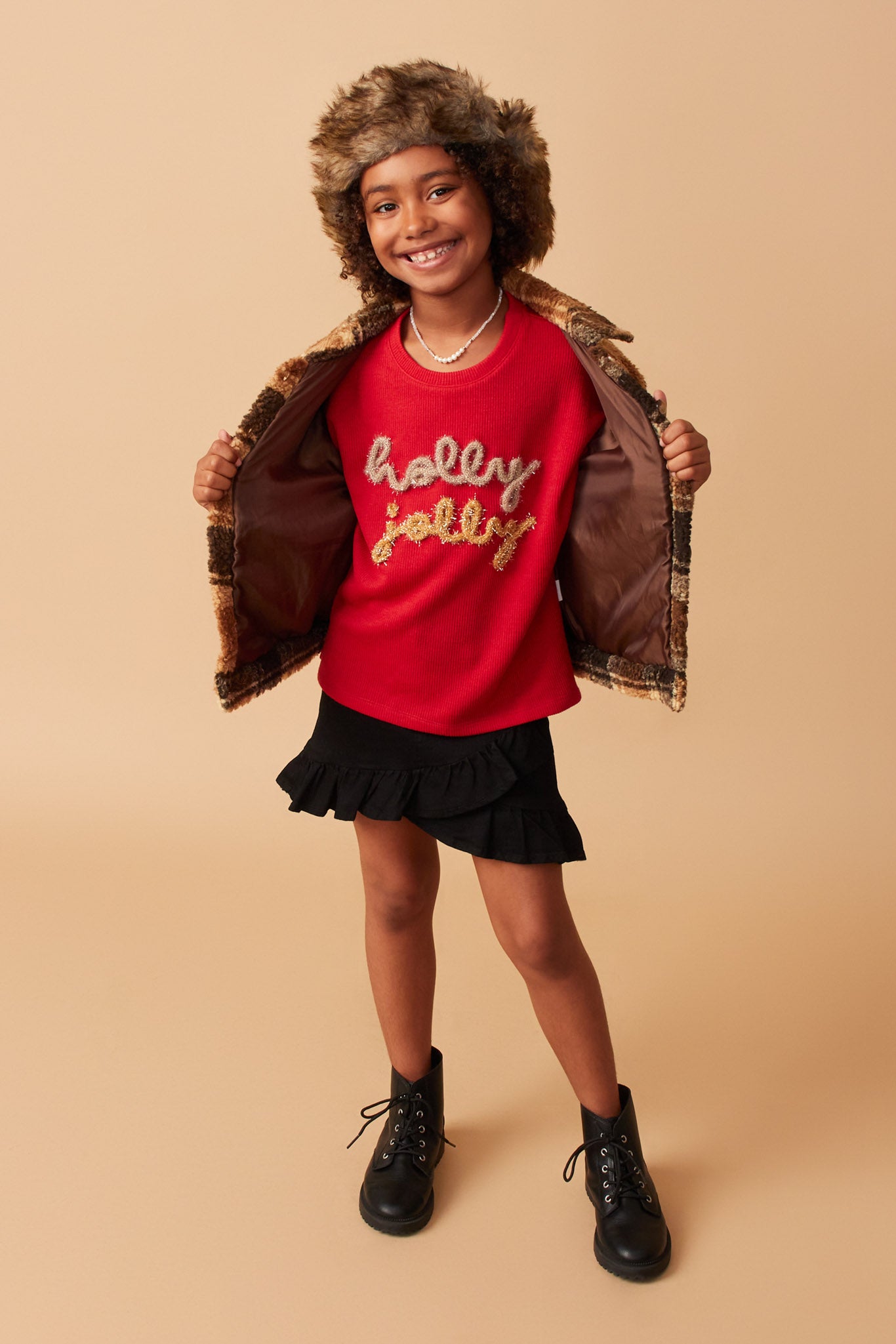 Handknit Tinsel Holly Jolly Verbiage Ribbed Knit Top