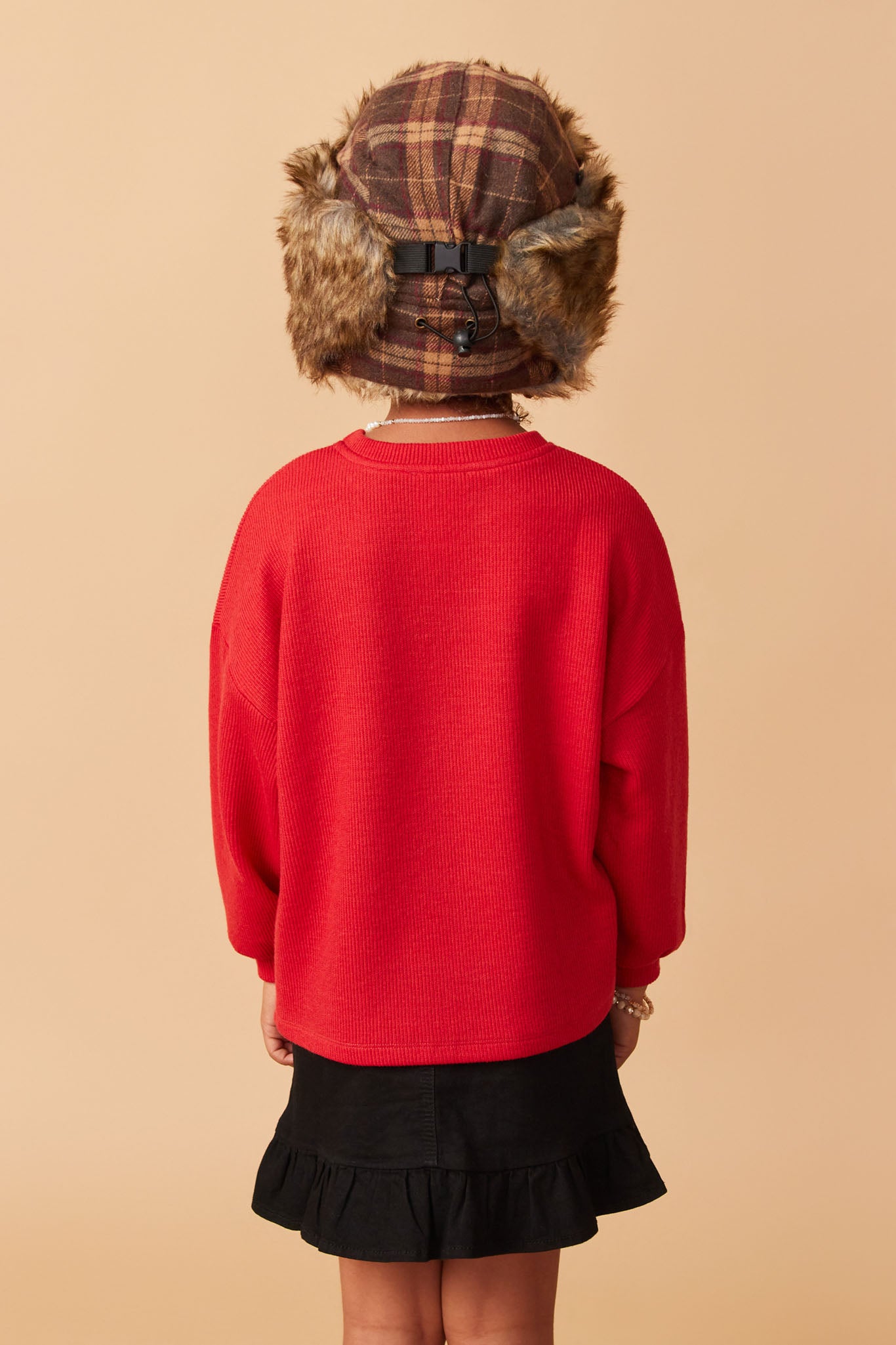 Girls Handknit Tinsel Holly Jolly Verbiage Ribbed Knit Top Back