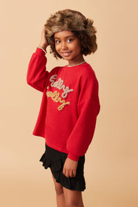 Girls Handknit Tinsel Holly Jolly Verbiage Ribbed Knit Top Side