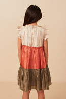 GY7850 Olive Mix Girls Color Block Ruffled Shimmery Chiffon Dress Back