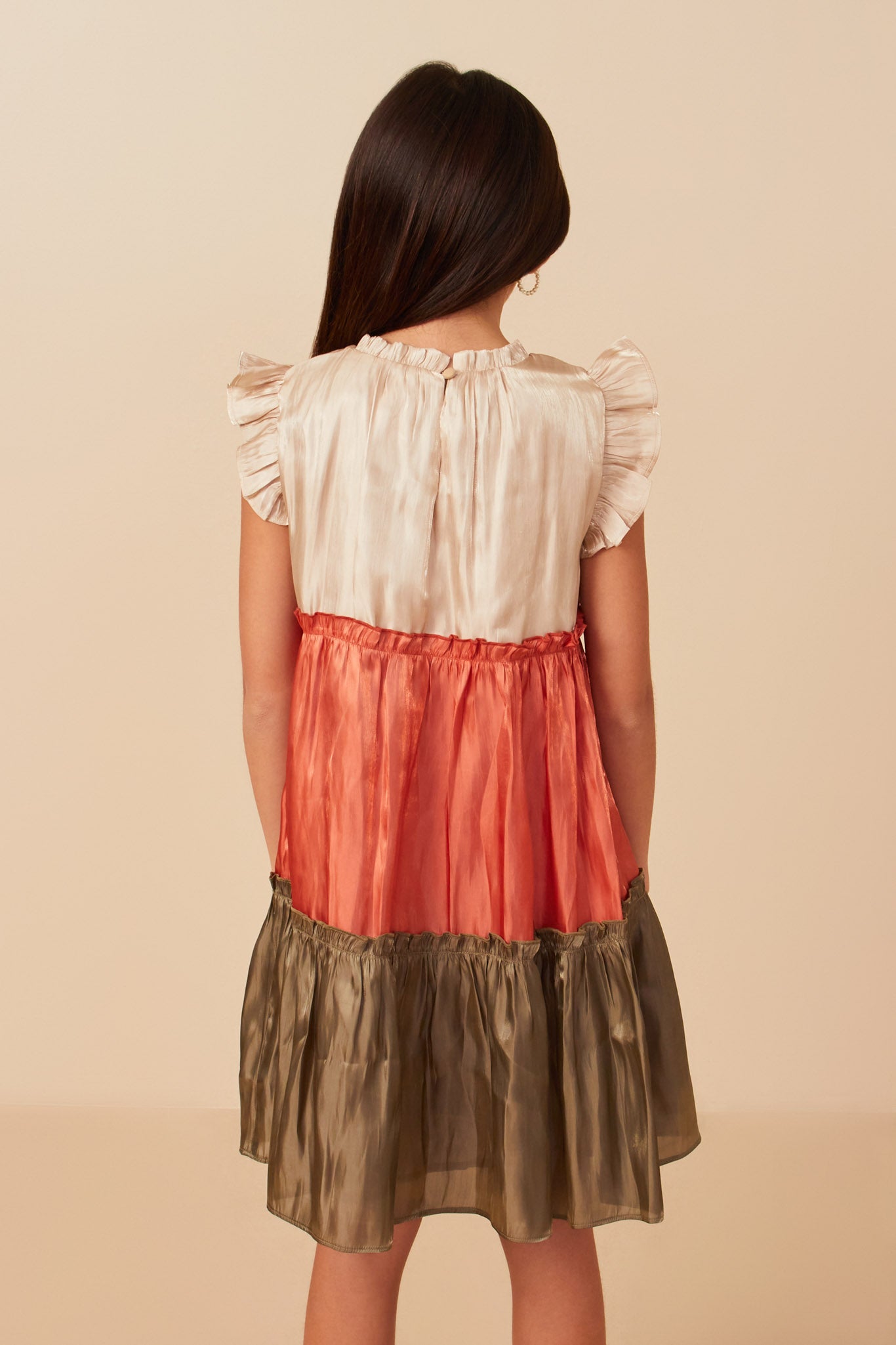 GY7850 Olive Mix Girls Color Block Ruffled Shimmery Chiffon Dress Back