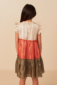 GY7850 Olive Mix Girls Color Block Ruffled Shimmery Chiffon Dress Back