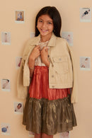 GY7850 Olive Mix Girls Color Block Ruffled Shimmery Chiffon Dress Back Front 2