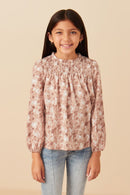 Girls Floral Smocked Yoke Long Sleeve Top Front