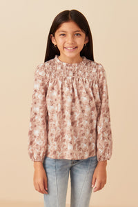 Girls Floral Smocked Yoke Long Sleeve Top Front
