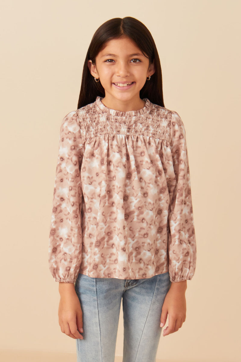 Girls Floral Smocked Yoke Long Sleeve Top Front