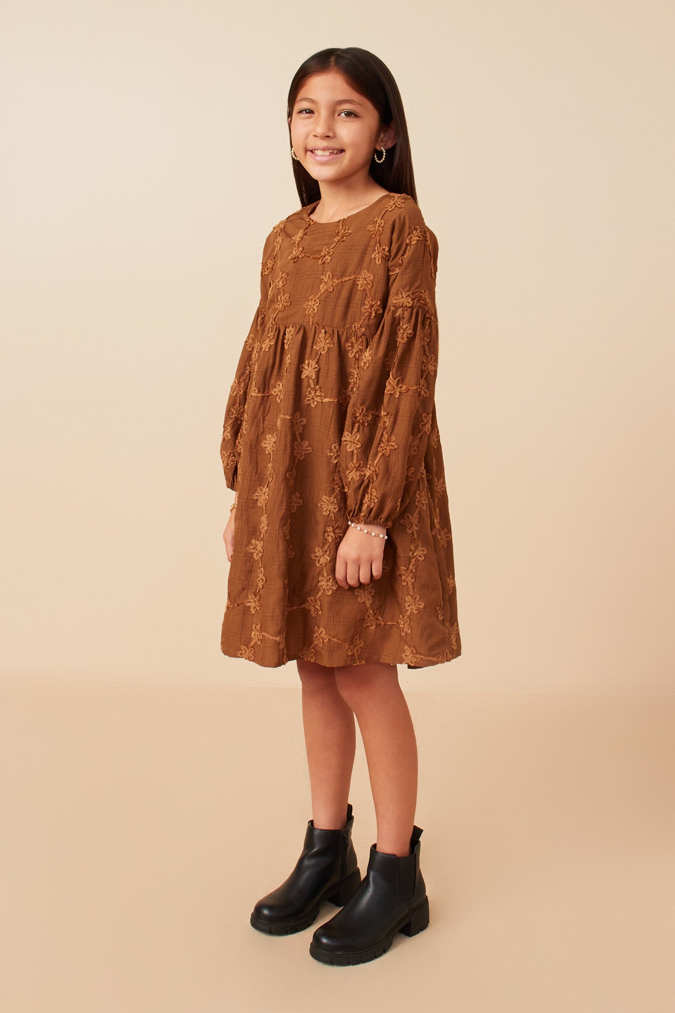 Girls Brushed Floral Detailed Long Sleeve Dress Full Body