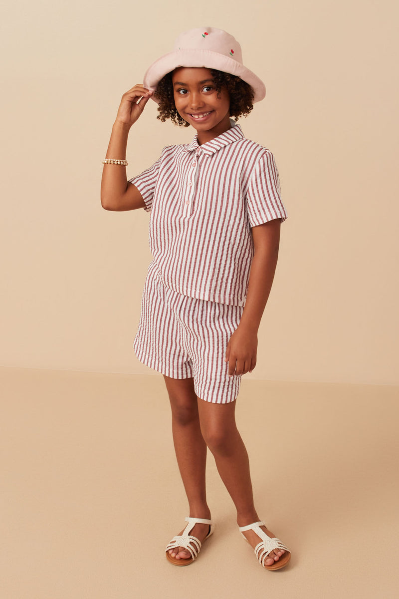 GY7909 Mauve Girls Gauze Textured Button Up Polo Shirt Full Body