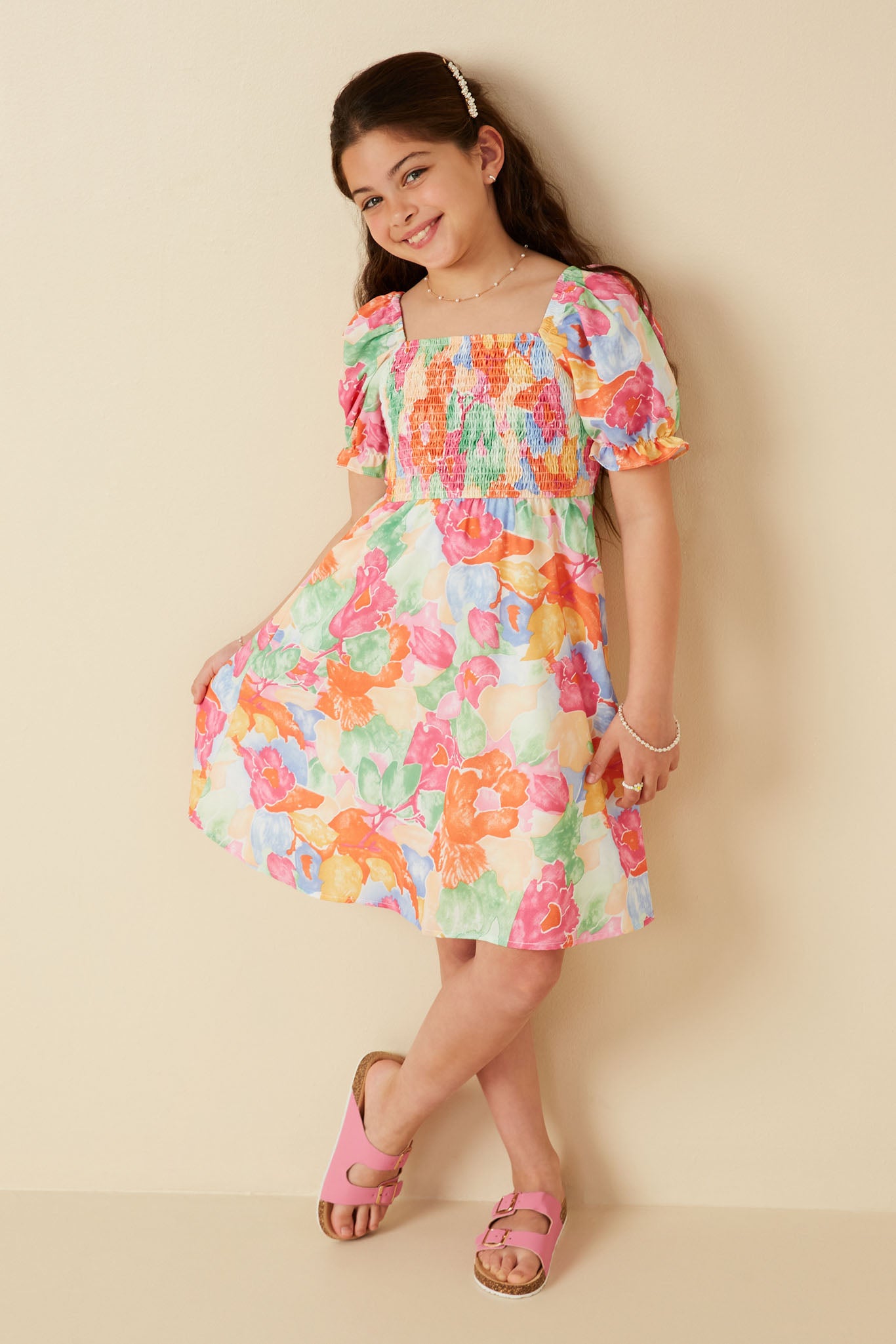 Bold Floral Smocked Square Neck Dress