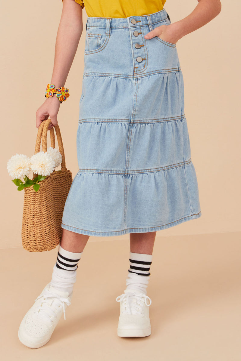 Girls Button Fly Tiered Denim Maxi Skirt Front