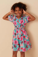 GY7933 Mint Girls Floral Print Smocked Waist Button Detail Dress Pose