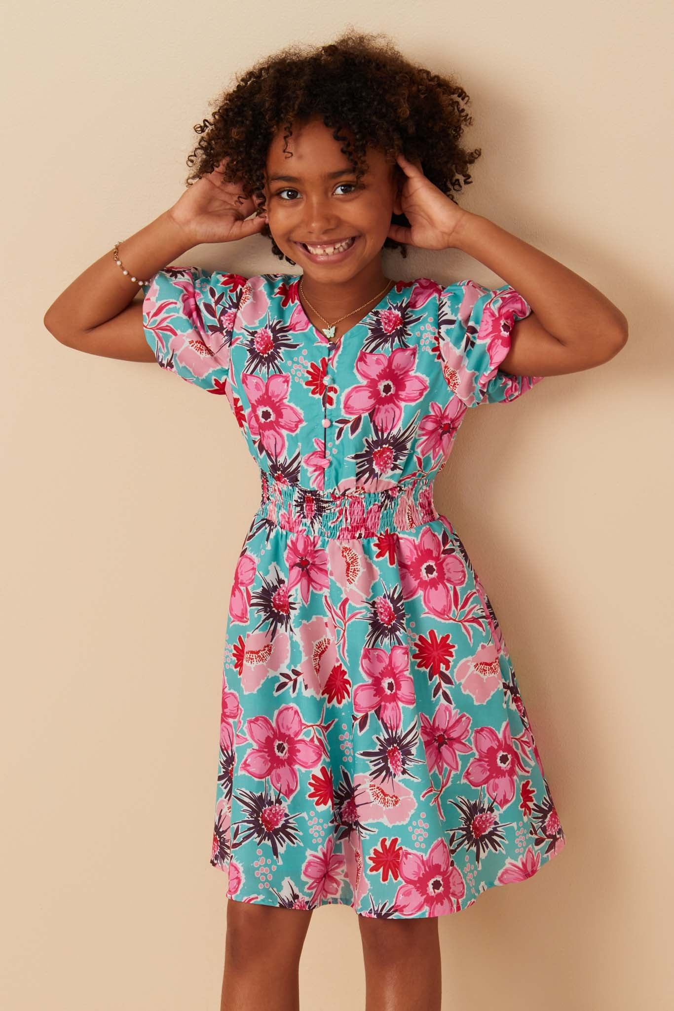 Floral Print Smocked Waist Button Detail Dress