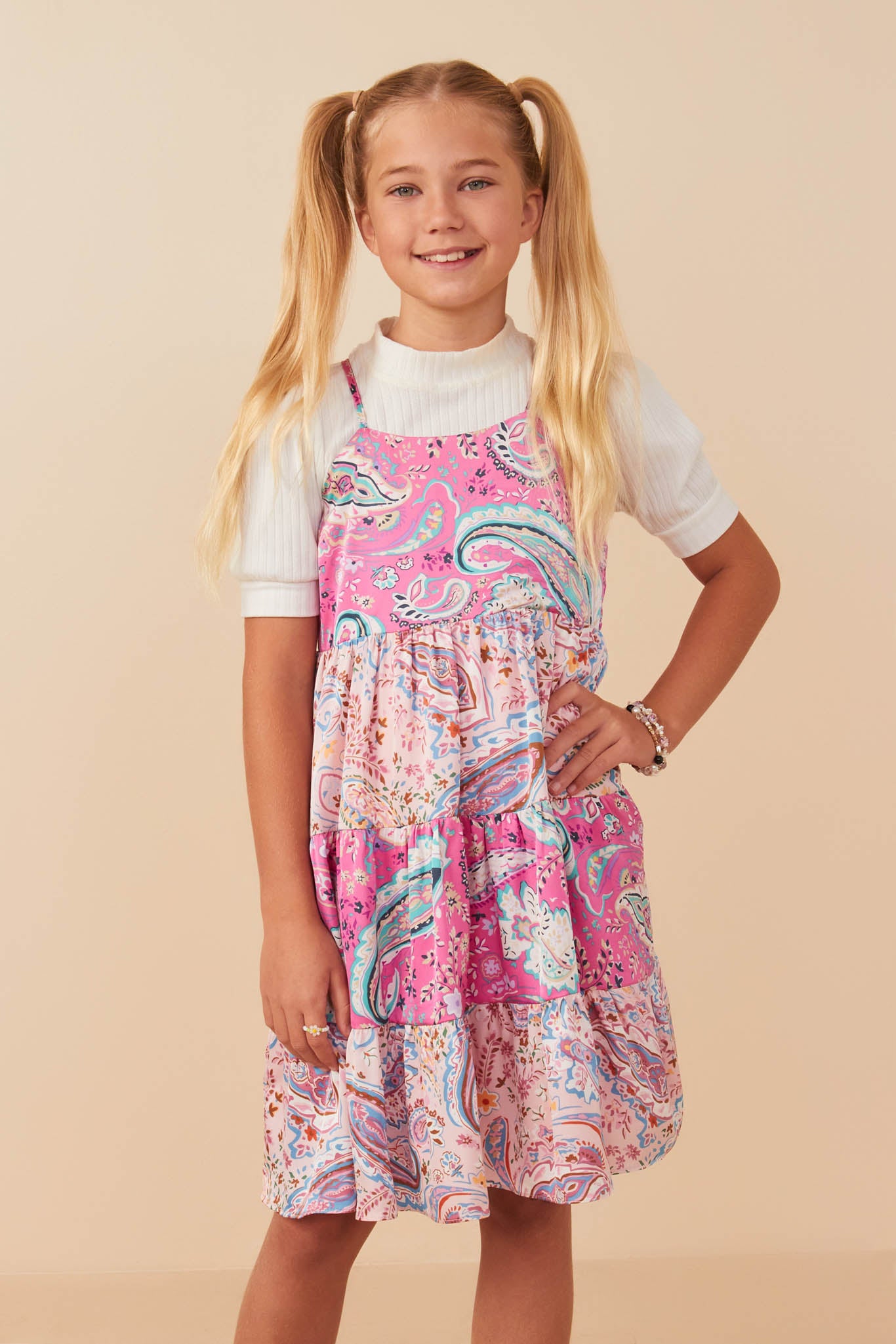 GY7935 Pink Girls Paisley Print Color Blocked Tiered Tank Dress Front