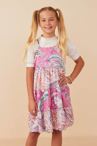 GY7935 Pink Girls Paisley Print Color Blocked Tiered Tank Dress Front