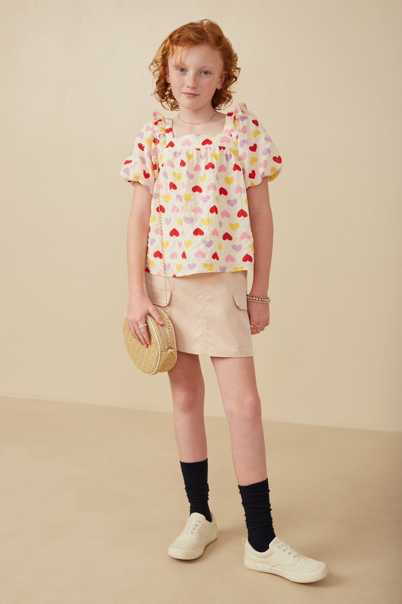 Textured Ruffle Detail Heart Print Top