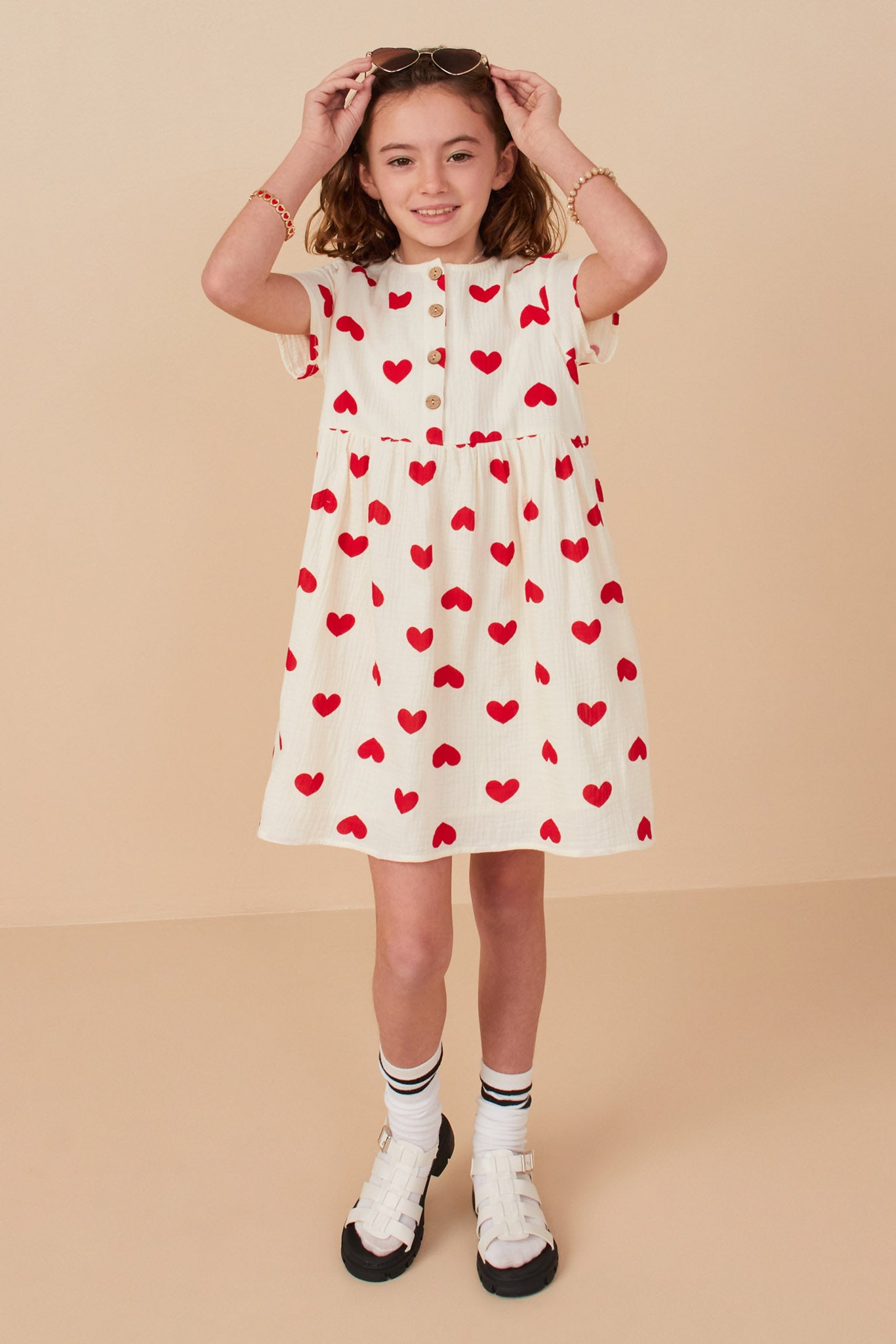 Heart Print Gauze Textured Button Detail Dress