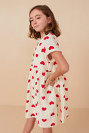 Girls Heart Print Gauze Textured Button Detail Dress Side