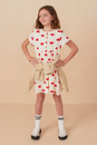 Girls Heart Print Gauze Textured Button Detail Dress Pose