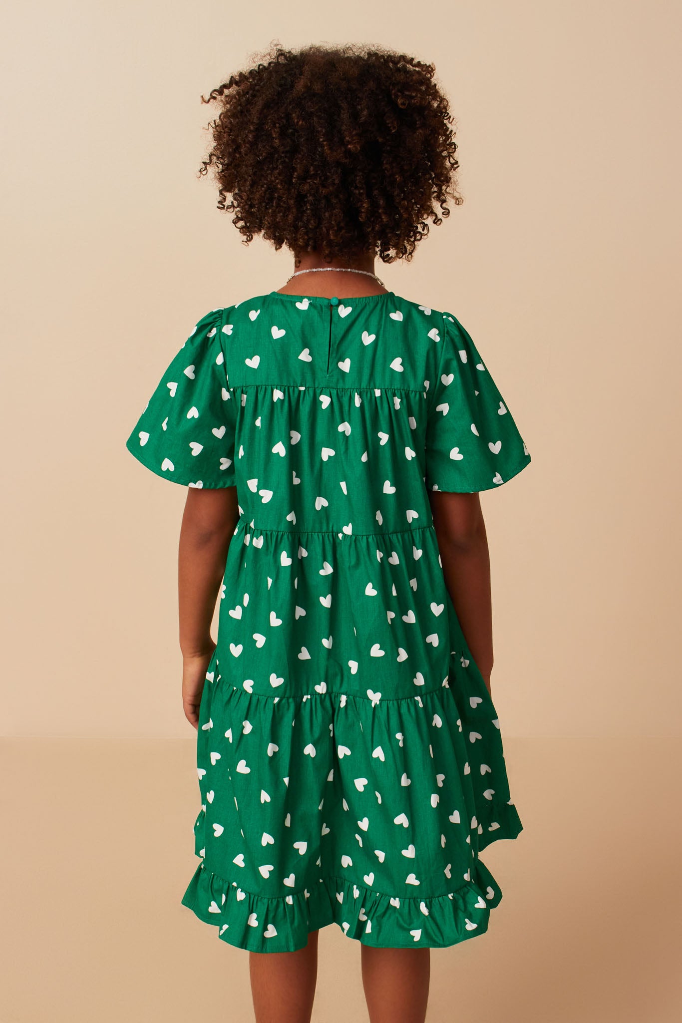 Girls Ditsy Hearts Short Sleeve Tiered Dress Back