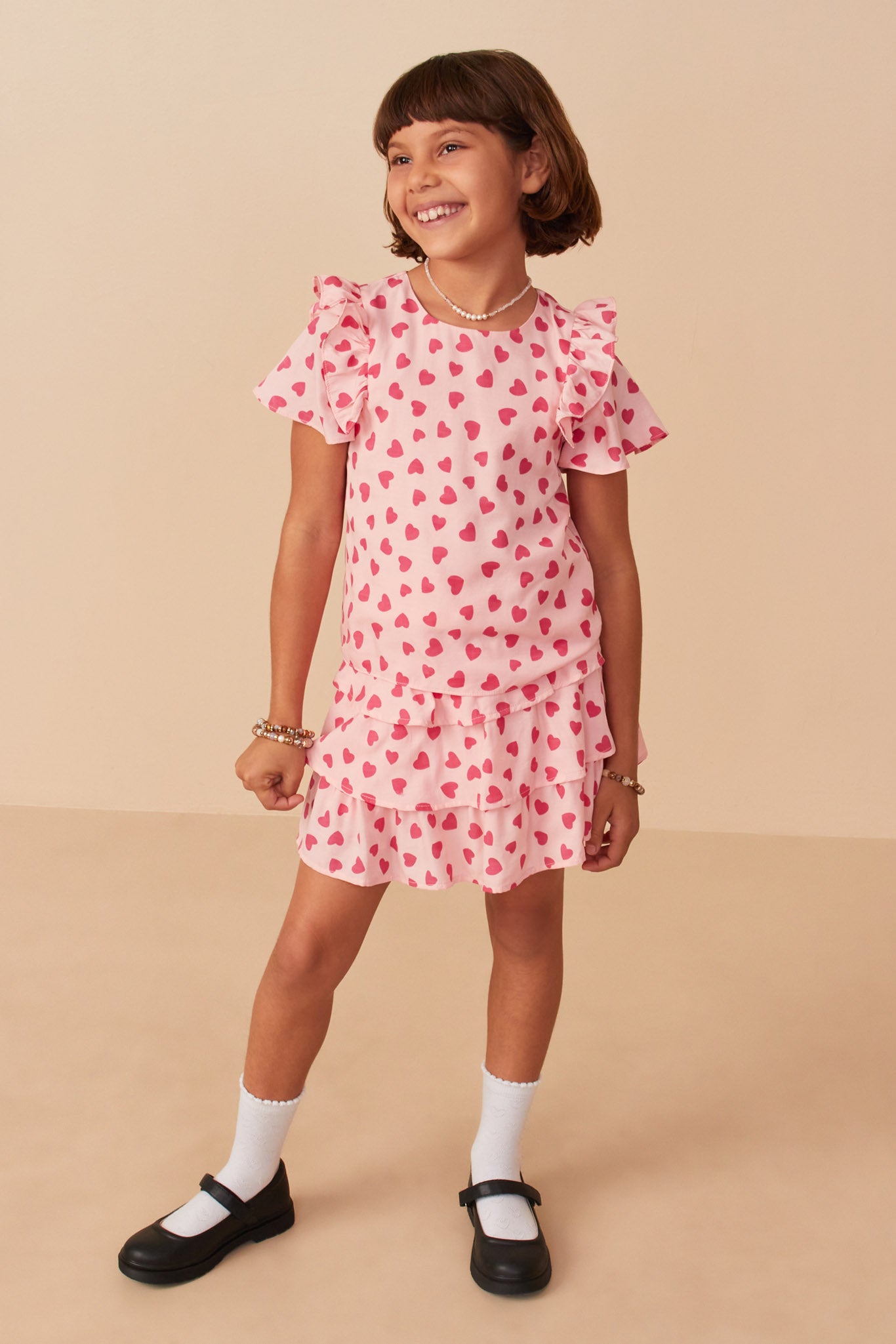 Heart Print Ruffle Shoulder Short Sleeve Top