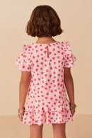 Girls Heart Print Ruffle Shoulder Short Sleeve Top BacK