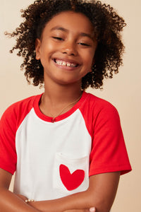 Girls Heart Patch Pocket Raglan French Terry Knit T Shirt Pose