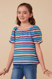 GY7980 Blue Mix Girls Textured Frill Striped T Shirt Front