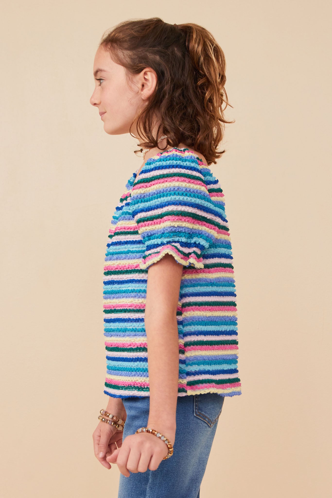 GY7980 Blue Mix Girls Textured Frill Striped T Shirt Side