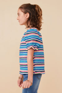 GY7980 Blue Mix Girls Textured Frill Striped T Shirt Side