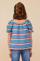 GY7980 Blue Mix Girls Textured Frill Striped T Shirt Back