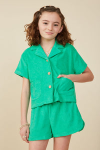 Girls Camp Collar Patch Pocket Terry Shirt Front