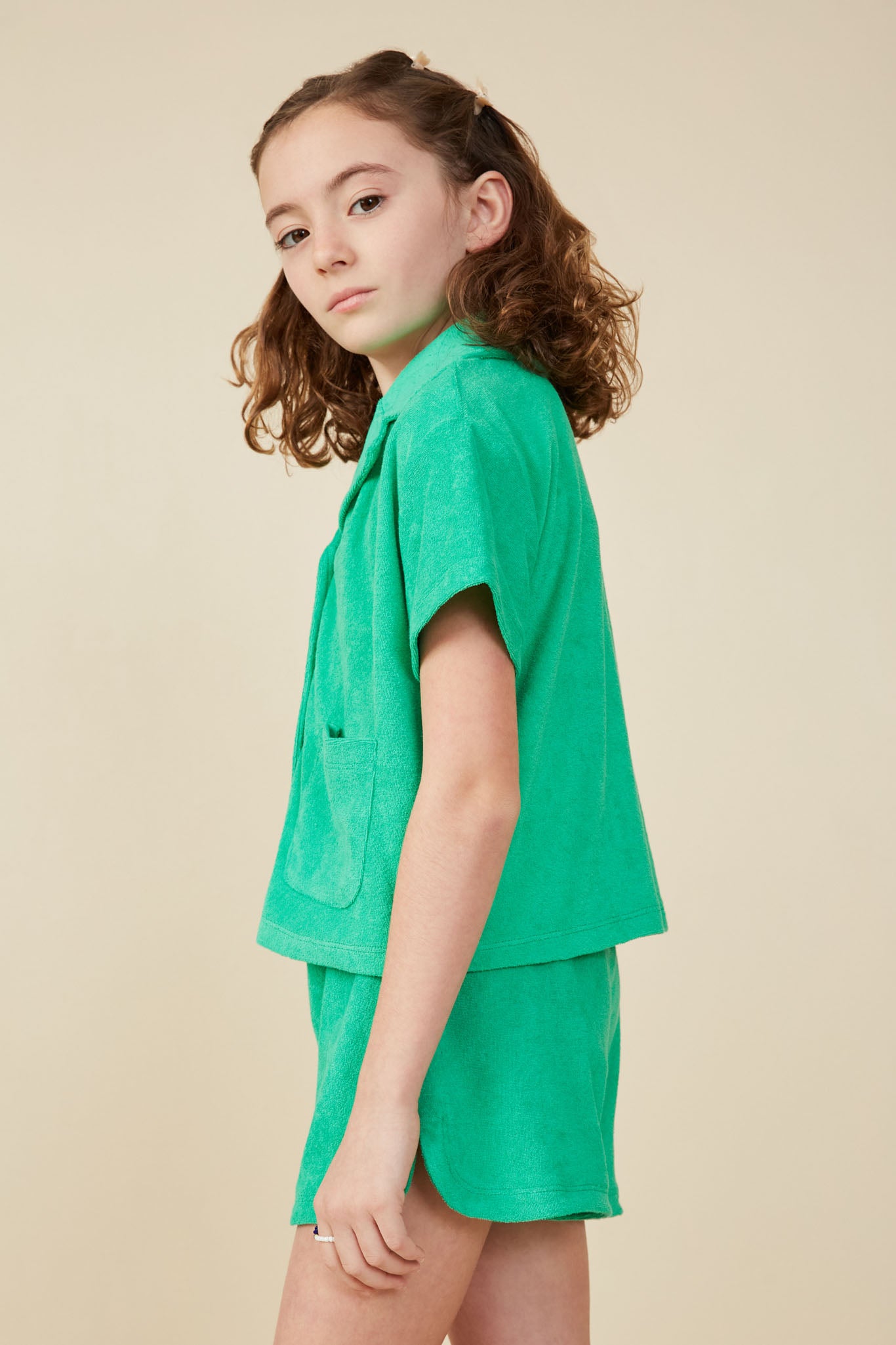 Girls Camp Collar Patch Pocket Terry Shirt Side