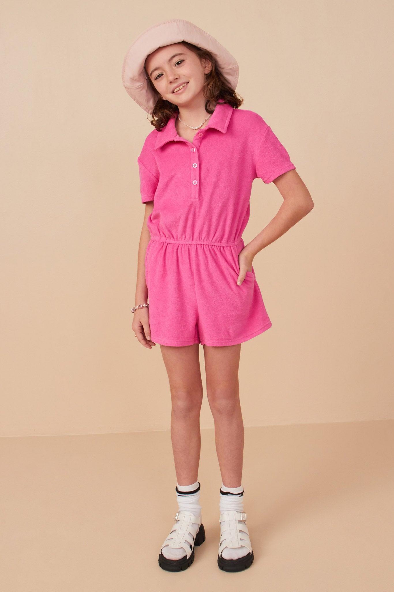 Button Detail Collared Terry Romper