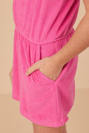 GY7987 Pink Girls Button Detail Collared Terry Romper Detail
