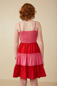 GY7991 Pink Girls Color Block Ruffle Detailed Smocked Tank Dress Back