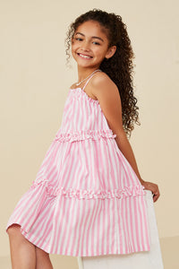 GY7999 Pink Girls Ruffle Trimmed Poplin Stripe Dress Pose