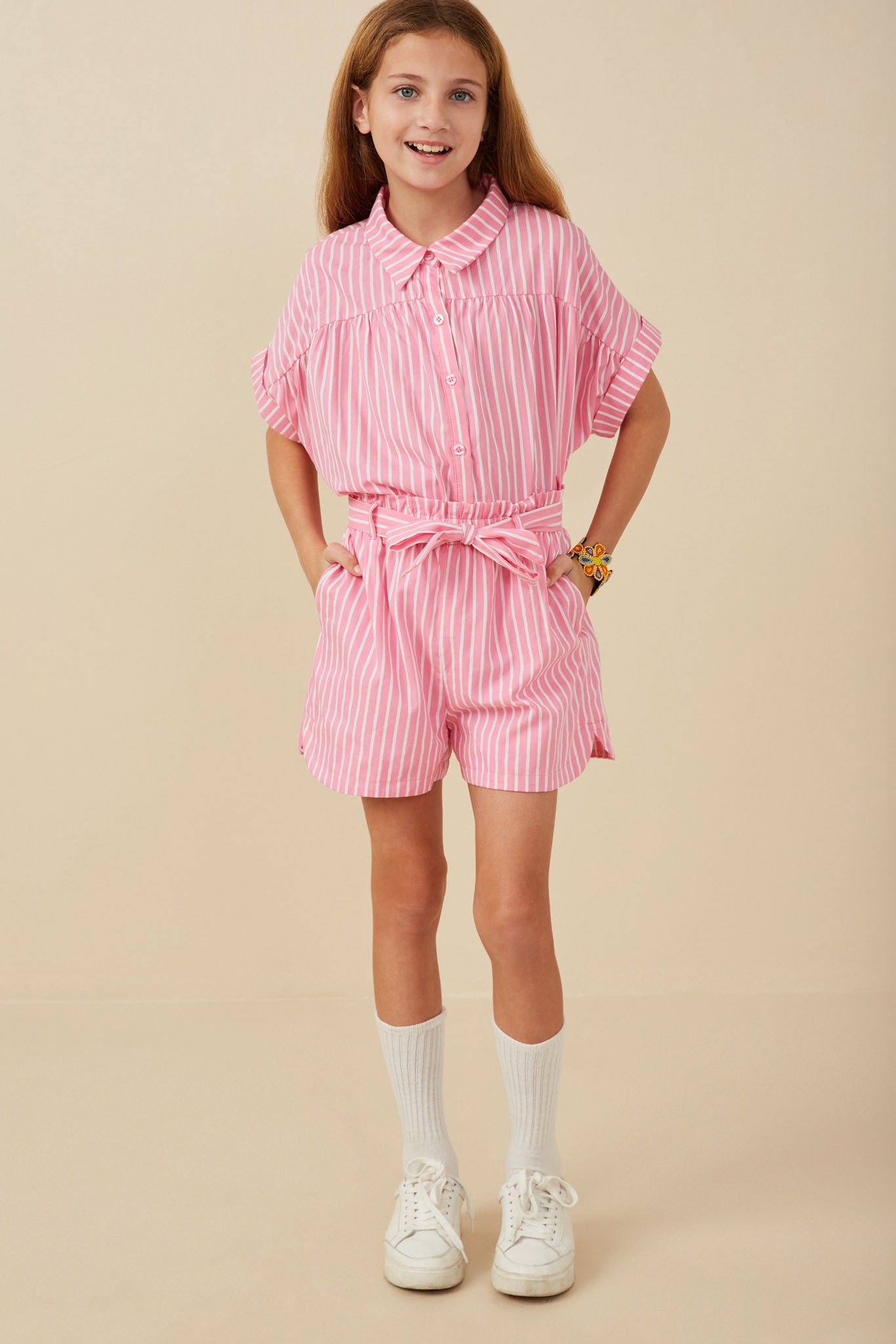 GY8000 Pink Girls Self Belted Stripe Shorts Full Body