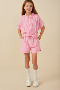GY8000 Pink Girls Self Belted Stripe Shorts Full Body