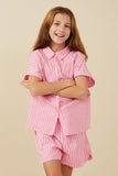 GY8001 Pink Girls Dolman Cut Button Up Stripe Shirt Front