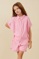 GY8001 Pink Girls Dolman Cut Button Up Stripe Shirt Pose