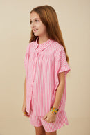 GY8001 Pink Girls Dolman Cut Button Up Stripe Shirt Side
